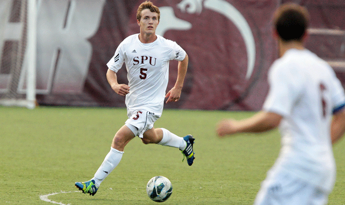 Seattle Pacific sophomore Ian Adams possesses the ball for the Falcons. SPU cracked the top-six in the first NCAA West Region poll, released Wednesday.